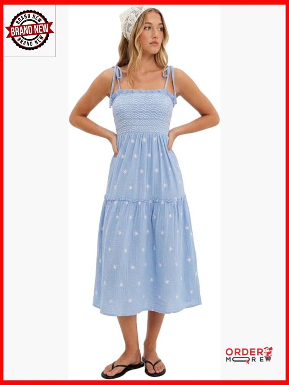 Floral Embroidered Maxi Dress Sleeveless Tie Shoulder Smocked Sundress Pockets